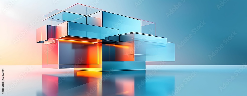 Poster futuristic holographic iridescent architecture - isometric view with reflective surfaces in soft moo