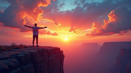 Fototapeta premium a man stands on a cliff with his arms outstretched on a cliff edge.