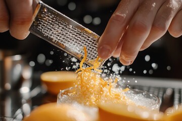 A close-up image captures hands grating citrus zest over a bowl with precision, showcasing culinary skills and the vibrant preparation of ingredients for cooking or baking.