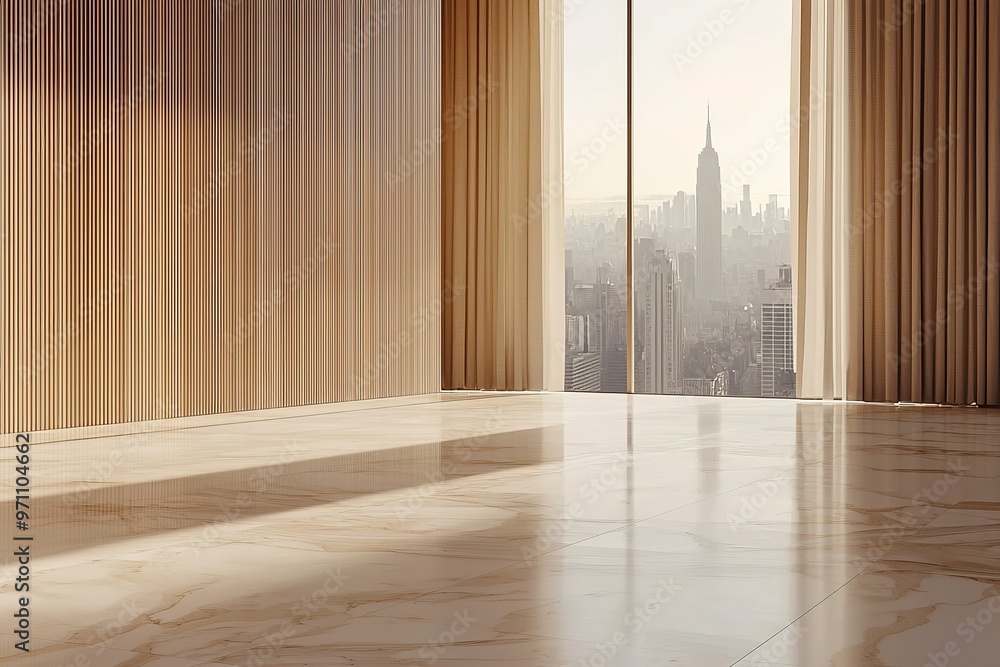 Poster at sunny day, perspective view of blank concrete tiles floor with skyscraper tops through metallic r