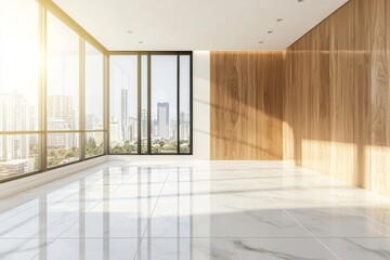 Obraz premium View of a blank concrete tiles floor with city skyscrapers in the background through a metallic railing. 3D rendering, mockup.