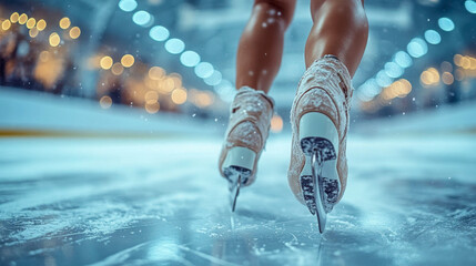 Figure skater landing on the ice after executing a jump in an ice rink competition