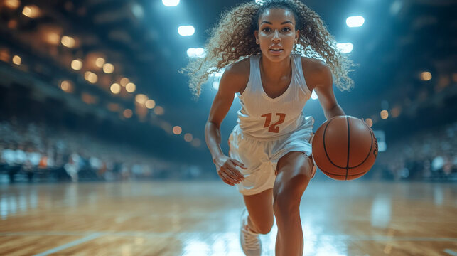 Determined and athletic professional basketball player is sprinting across the court during a game