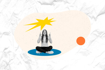 Creative collage young cheerful woman show finger upwards bright spark idea plan smart thought eureka smile drawing background