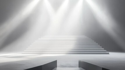 White stage with bright spotlight and luminescent steps, ideal for a dramatic performance or event