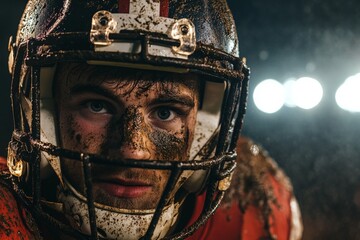 A football player is on the field during night time under bright stadium lights, covered in mud, and is wearing a football helmet and a jersey, representing intensity and determination.