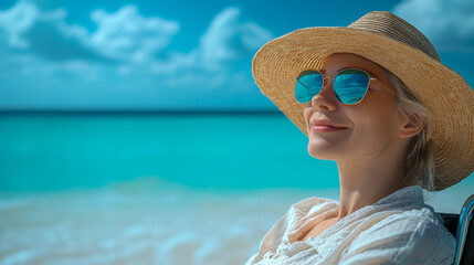 Young woman with albinism basks in the sunshine at the beach, relaxing in her wheelchair with a straw hat and sunglasses