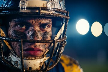 A football player is on the field soaked in mud, facing the camera, under the vibrant glare of stadium lights, symbolizing perseverance, focus, and the struggle of sports.