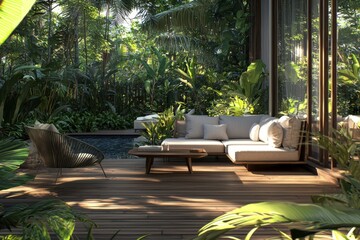 Fototapeta premium A modern terrace and garden surround the house.