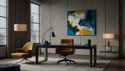 Sleek home office with modern art and tech in a luxury apartment.