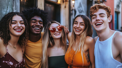Fototapeta premium Crystal-clear shot of a diverse group of friends, varying body types, casual setting. Generative AI illustration 