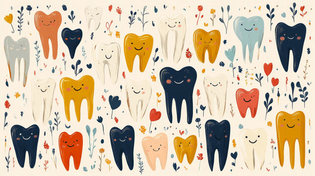 Playful mid-century style seamless pattern featuring adorable smiling teeth, flowers, and hearts in a retro abstract illustration