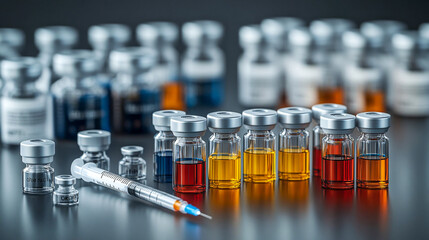 Syringe positioned next to vibrant vaccine vials, prepared for medical research