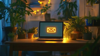 Wooden desk with a laptop showing an illuminated email symbol, accented by potted plants in a snug office space