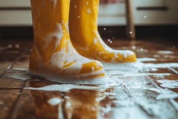 A pair of yellow boots covered in soapy water standing on a tiled floor, symbolizing cleaning activities inside a modern home, possibly after rainy weather, with water droplets.