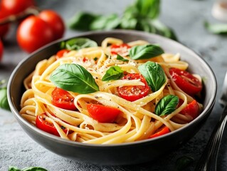 A Close-Up View of a Bowl of Freshly Prepared Vegetarian Pasta with Cherry Tomatoes and Basil