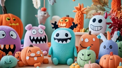 Naklejka premium Halloween is a non-scary decor for children with soft felt and smiling characters, funny and cute, not creepy.
