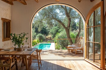 Fototapeta premium A generative AI image of a trendy outdoor patio, a cosy terrace with furniture, and a cool generative AI image