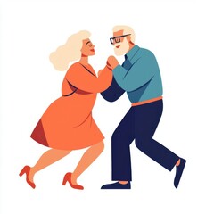 Senior couple dancing salsa, energetic movement, flat design, bright colors, isolated on white background