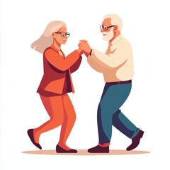 Senior couple dancing salsa, energetic movement, flat design, bright colors, isolated on white background