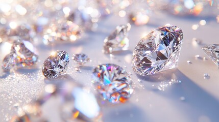 Fototapeta premium Multiple diamonds of various sizes scattered elegantly on a white background, with each gem catching and reflecting light in a dazzling display.