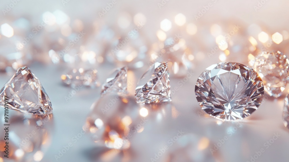 Poster multiple diamonds of various sizes scattered elegantly on a white background, with each gem catching
