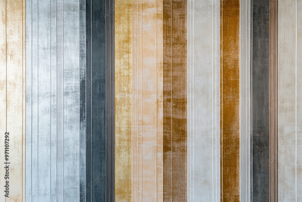 Wall mural a modern background with thin vertical stripes in metallic shades of silver, gold, and bronze. the s