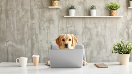 Adorable dog sitting at a desk with a laptop, coffee cup, and plants. Cute academic or work from home concept with a furry friend.
