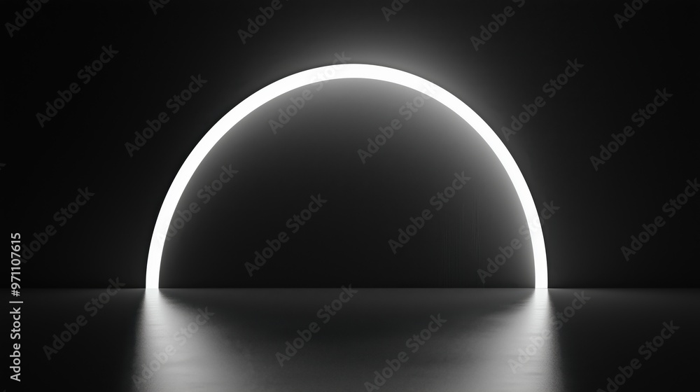 Poster a dark room with a large white light shining down on it. the light is curved and creates a sense of 