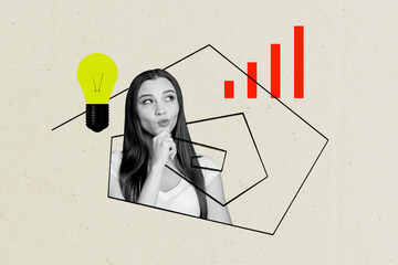 Creative collage picture young thoughtful woman decide think lightbulb lamp led smart solution plan...