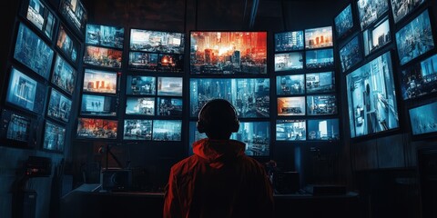 Obraz premium Person in a red hoodie monitors multiple screens displaying urban landscapes and city activity in a dimly lit room at night. Generative AI