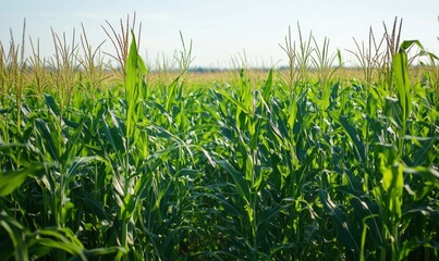 Obraz premium A field of corn is in full bloom. The corn is tall and green, and the field is vast. Concept of abundance and growth, as the corn plants are thriving in the open field