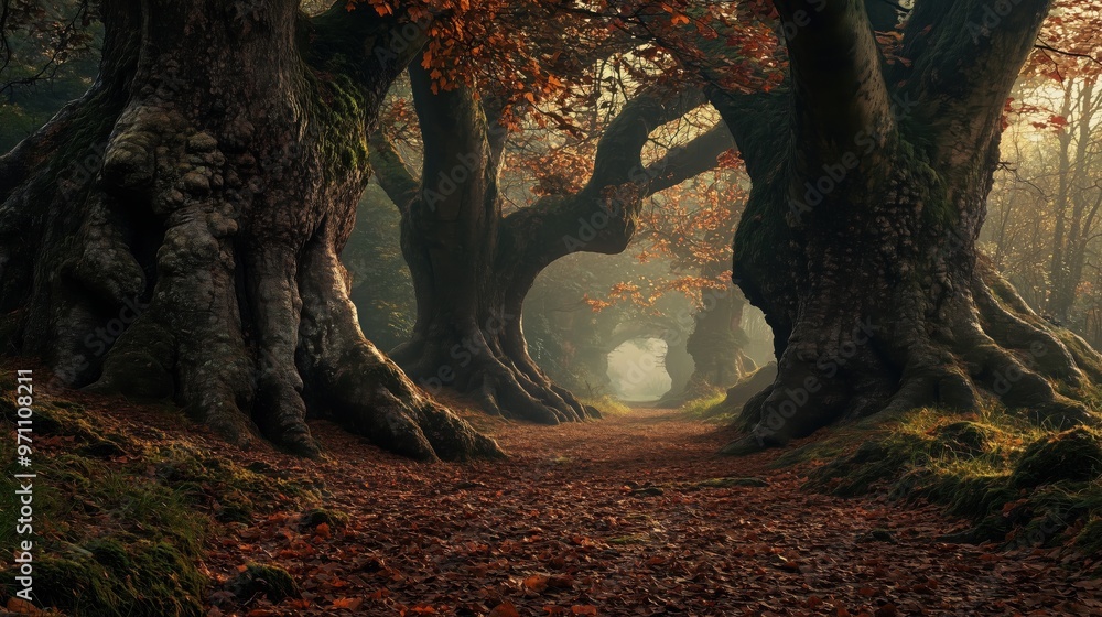 Poster a forest path with trees on either side. the trees are bare and the leaves are brown