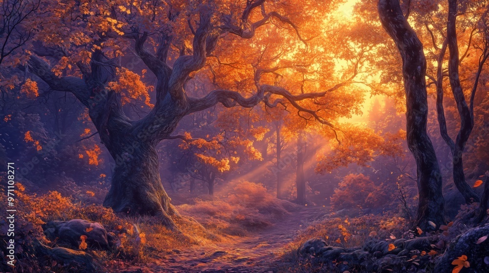 Poster a forest scene with a tree in the foreground and a path leading to it. the leaves are orange and the