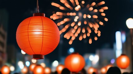 Festive crowd in the streets of Tokyo celebrating New Year’s with glowing lanterns and fireworks...