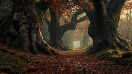 Obraz premium A forest path with trees on either side. The trees are bare and the leaves are brown
