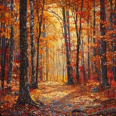 Fototapeta premium Autumn Forest with Sunlight Filtering Through Colorful Leaves