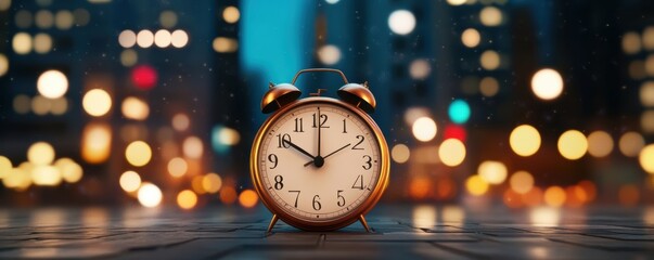 Iconic countdown clock ticking toward midnight in a bustling city square, vibrant festive lights all around