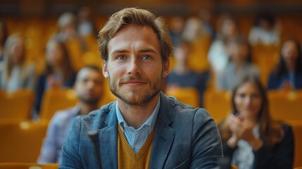 Fototapeta premium A man sitting in a conference hall, smiling amongst the audience, indicative of a positive and engaging atmosphere during a professional and interactive seminar or event.