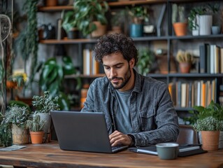 A man sits focused on his laptop, surrounded by a variety of plants in a home office setting, merging productivity and nature for an inspired workspace.