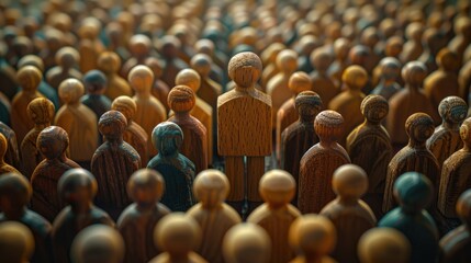 A crowded assembly of wooden figurines of different shapes and sizes, standing together closely, emphasizing diversity, community, and the art of handcrafted wooden objects.