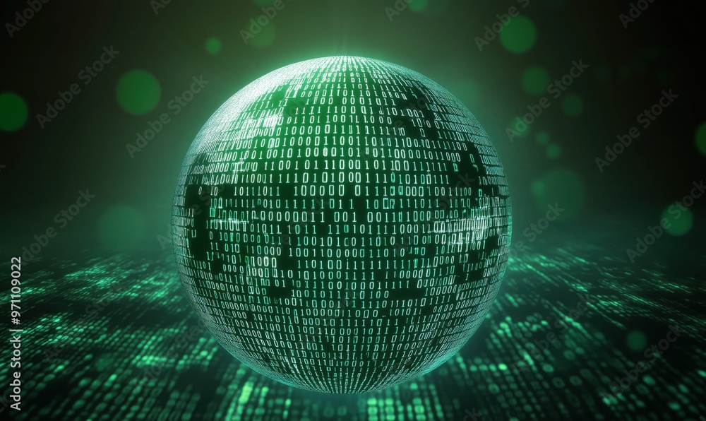 Poster a green sphere with a lot of numbers on it. the sphere is surrounded by a blurry background