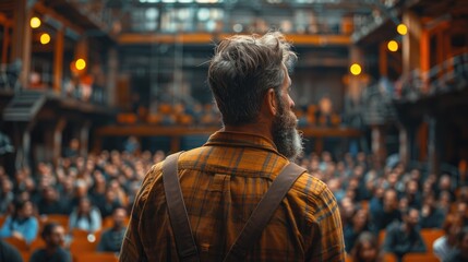 Fototapeta premium A bearded man in a yellow plaid shirt with shoulder straps faces an engaged and attentive audience in a warm-lit auditorium, suggesting a dynamic and interactive environment.