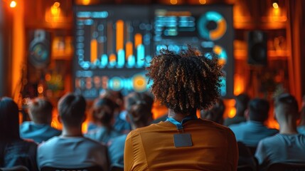 Back view of an audience attentively watching a data presentation on a screen displaying colorful charts in a modern, vibrant conference setting.