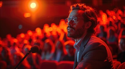 A man wearing glasses speaks into a microphone in a theater setting, with an audience visibly seated behind him and warm orange lighting illuminating the scene.