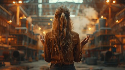 Obraz premium A woman stands in the center of an industrial factory filled with machinery and steam, symbolizing progress, industry, and determination against a backdrop of modern industry.