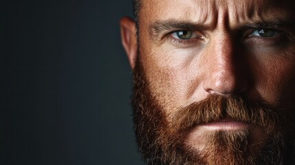A close-up of a man with a full beard and serious expression, looking directly into the camera with a plain background
