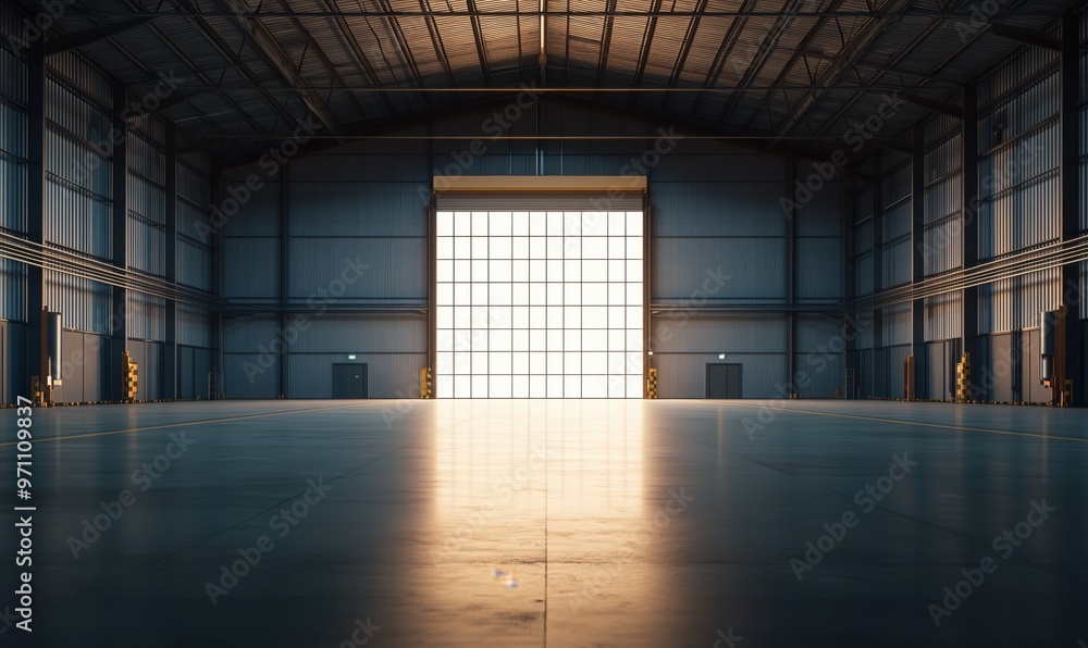Poster a large empty warehouse with a large window in the middle. the window is letting in a lot of light, 