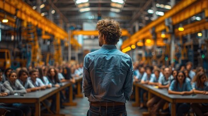 Obraz premium A man stands with his back to the camera, addressing a large audience in a spacious, industrial-themed hall, highlighting his leadership role in the setting.