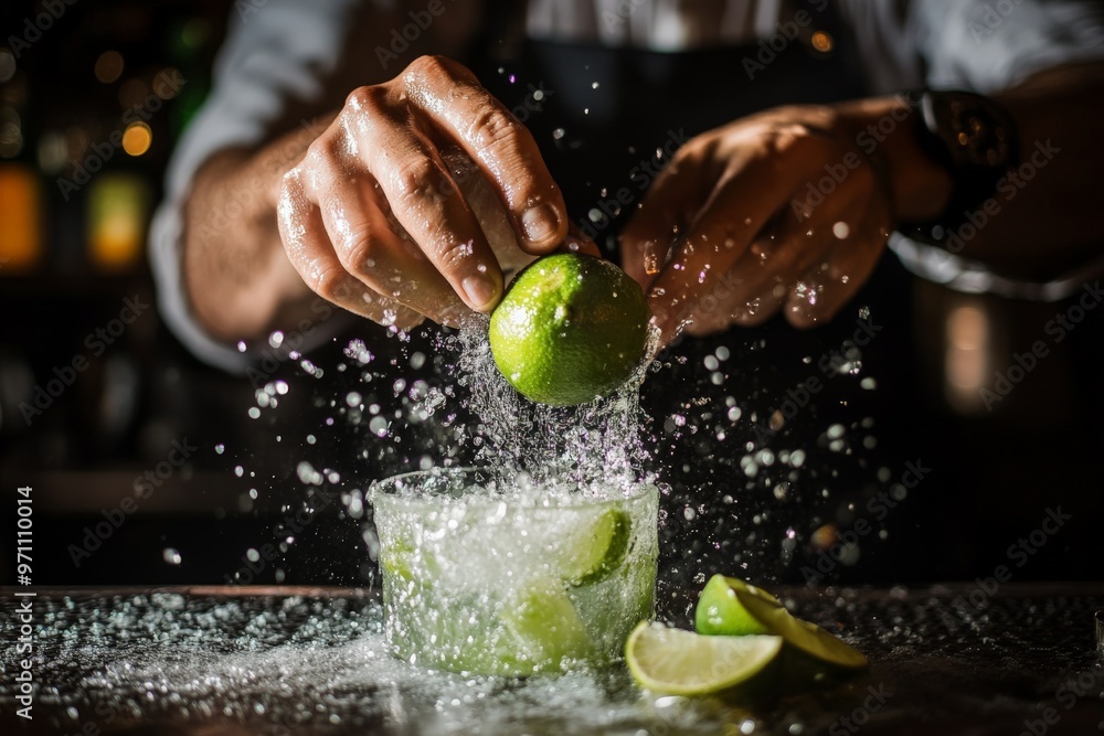 Poster squeezing lime into a glass filled with lime.